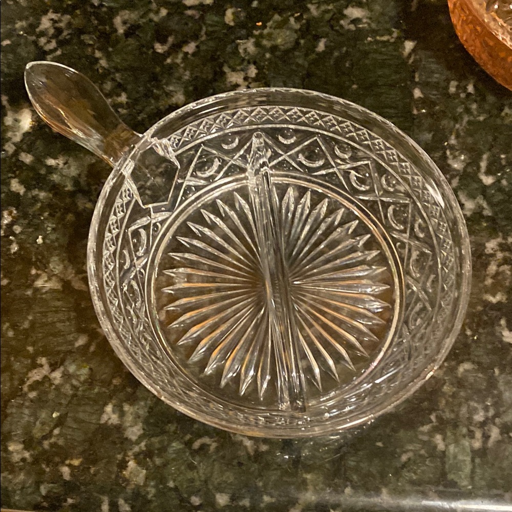 Imperial Glass Co Crystal Cape Cod Handled Divided Spider Serving Dish